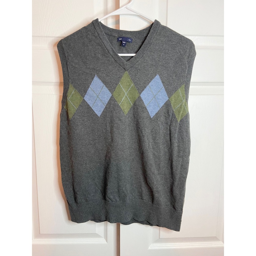 Gap Argyle V-Neck Sweater Vest Gray Blue Green Size M Preppy Academic